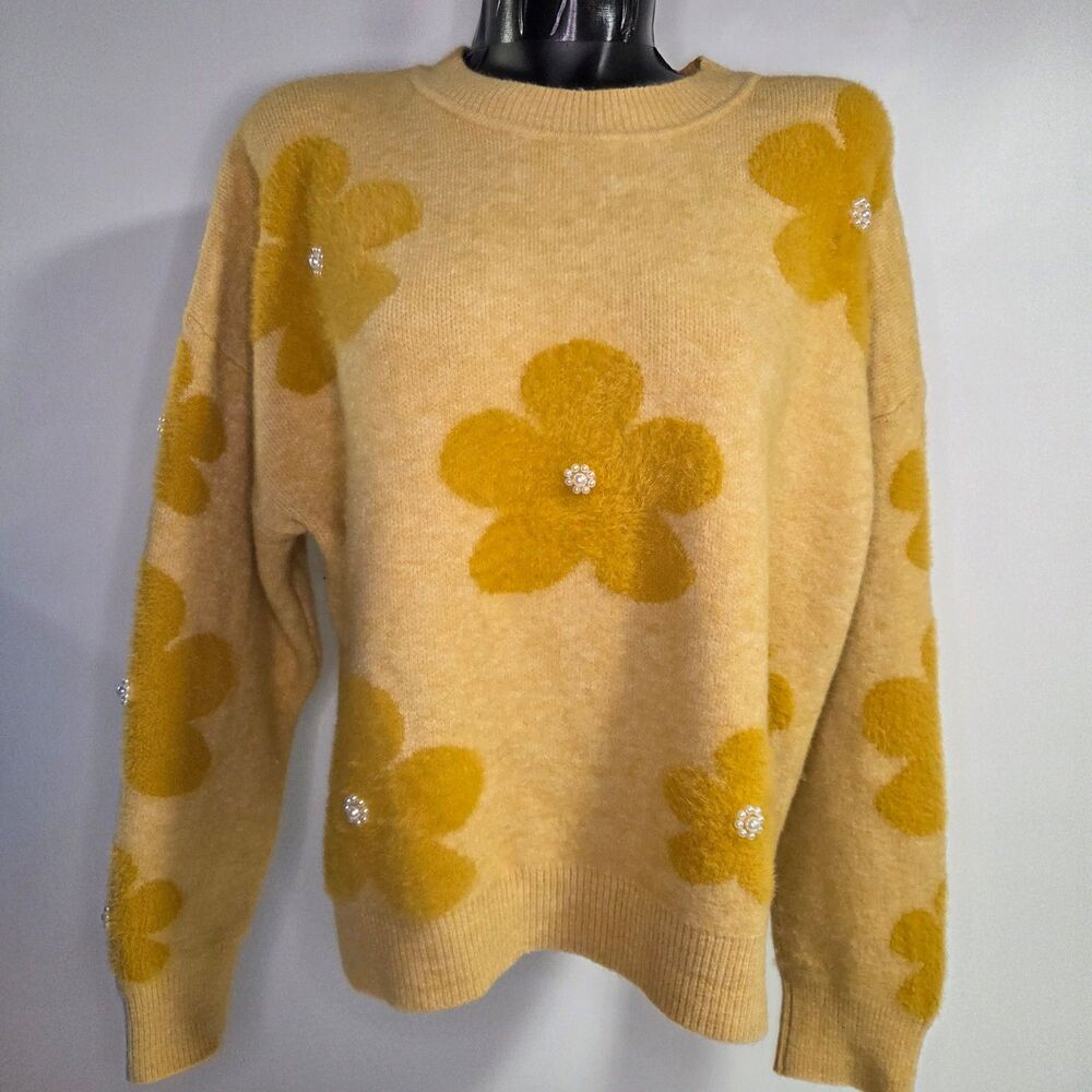 Nanette Lepore Eyelash Intarsia Floral Sweater Mustard Yellow XL Pearly Accents